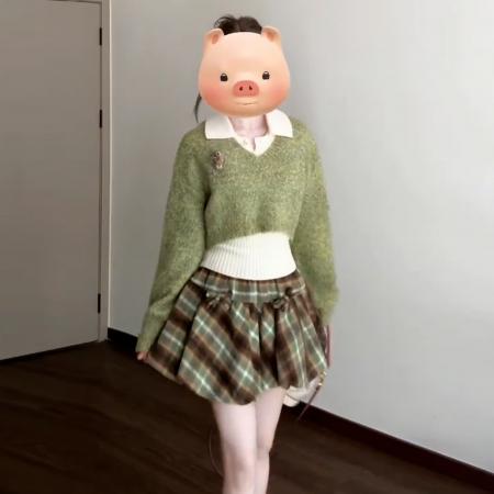 FA50409# 森系甜美风绿色针织毛衣连衣裙子女秋冬新款韩系穿搭套装短裙 服裝批發女裝批發服飾貨源