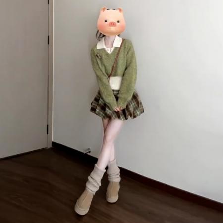 FA50409# 森系甜美风绿色针织毛衣连衣裙子女秋冬新款韩系穿搭套装短裙 服裝批發女裝批發服飾貨源