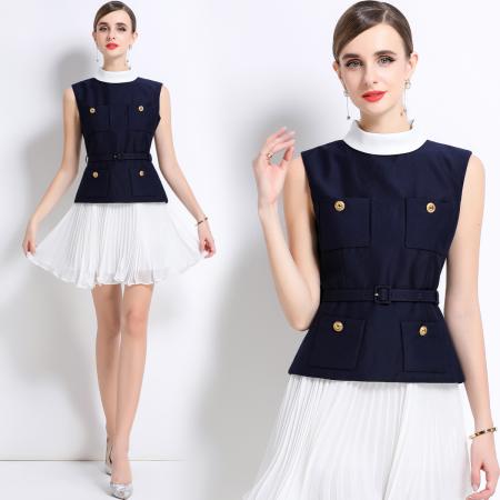 LN76389# 蓝色拼接白色百褶雪纺短裙小香风气质无袖假两件连衣裙