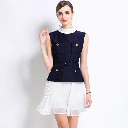 LN76389# 蓝色拼接白色百褶雪纺短裙小香风气质无袖假两件连衣裙