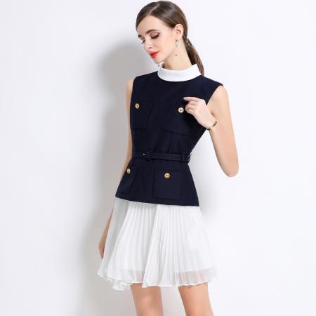 LN76389# 蓝色拼接白色百褶雪纺短裙小香风气质无袖假两件连衣裙