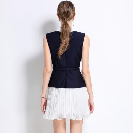 LN76389# 蓝色拼接白色百褶雪纺短裙小香风气质无袖假两件连衣裙