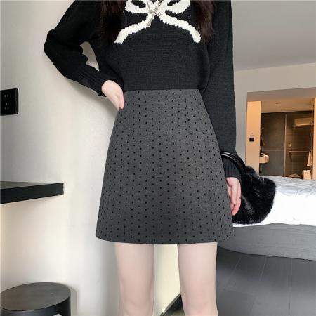 FA50412# 秋冬韩版复古高腰毛呢chic保暖圆点点包臀A字半身裙 服裝批發女裝批發服飾貨源