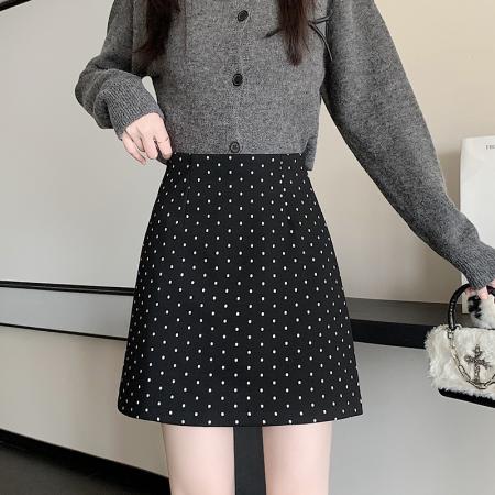 FA50412# 秋冬韩版复古高腰毛呢chic保暖圆点点包臀A字半身裙 服裝批發女裝批發服飾貨源