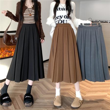 FA50413# 冬季韩版百褶裙加厚毛呢A字裙别致设计感半身裙中长裙纯色 服裝批發女裝批發服飾貨源
