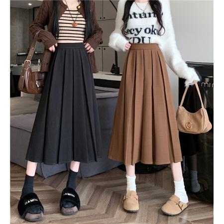 FA50413# 冬季韩版百褶裙加厚毛呢A字裙别致设计感半身裙中长裙纯色 服裝批發女裝批發服飾貨源