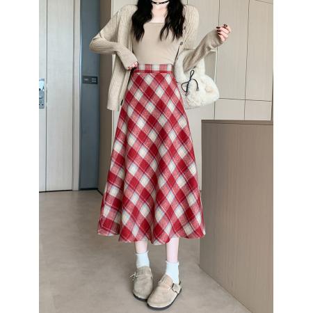 FA50414# 冬季韩版加厚毛呢高腰长裙chi格子中长半身裙女 服裝批發女裝批發服飾貨源