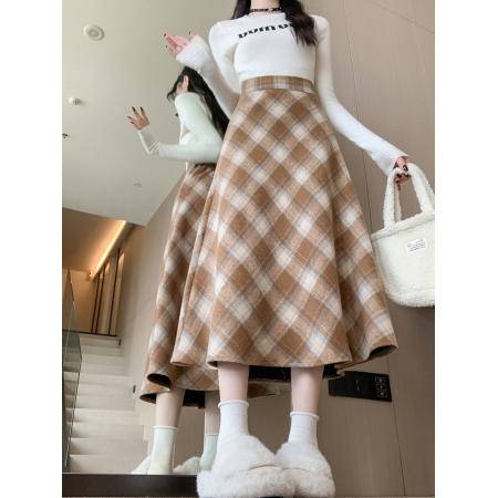 FA50414# 冬季韩版加厚毛呢高腰长裙chi格子中长半身裙女 服裝批發女裝批發服飾貨源