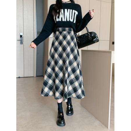 FA50414# 冬季韩版加厚毛呢高腰长裙chi格子中长半身裙女 服裝批發女裝批發服飾貨源