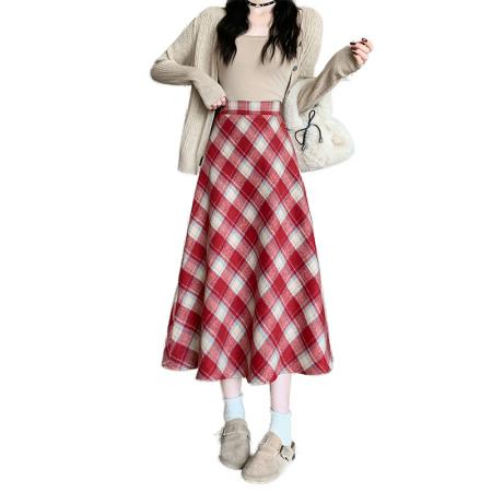 FA50414# 冬季韩版加厚毛呢高腰长裙chi格子中长半身裙女 服裝批發女裝批發服飾貨源