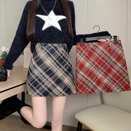 FA50415# 秋冬韩版毛呢复古高腰chic保暖斜格包臀A字半身裙 服裝批發女裝批發服飾貨源