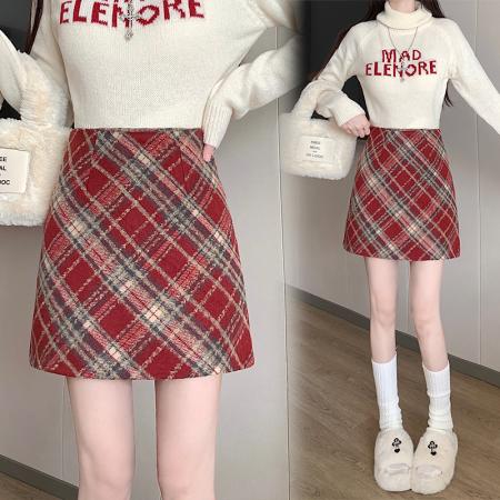 FA50415# 秋冬韩版毛呢复古高腰chic保暖斜格包臀A字半身裙 服裝批發女裝批發服飾貨源
