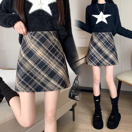 FA50415# 秋冬韩版毛呢复古高腰chic保暖斜格包臀A字半身裙 服裝批發女裝批發服飾貨源
