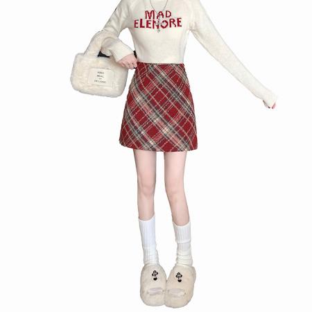 FA50415# 秋冬韩版毛呢复古高腰chic保暖斜格包臀A字半身裙 服裝批發女裝批發服飾貨源