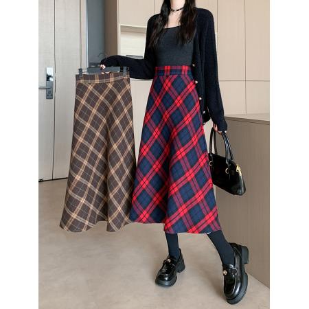 FA50416# 冬季韩版加厚毛呢高腰长裙chi格子中长半身裙女 服裝批發女裝批發服飾貨源