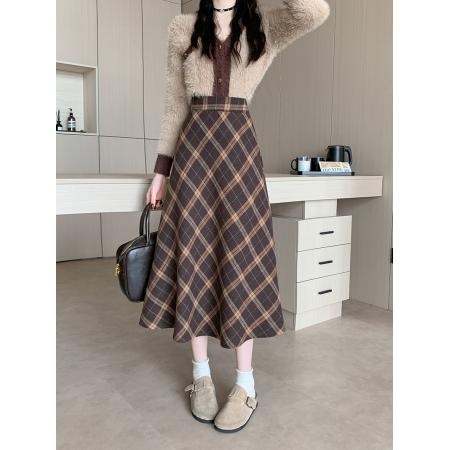 FA50416# 冬季韩版加厚毛呢高腰长裙chi格子中长半身裙女 服裝批發女裝批發服飾貨源