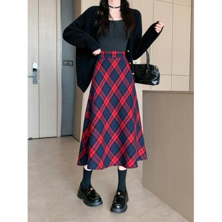 FA50416# 冬季韩版加厚毛呢高腰长裙chi格子中长半身裙女 服裝批發女裝批發服飾貨源