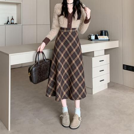 FA50416# 冬季韩版加厚毛呢高腰长裙chi格子中长半身裙女 服裝批發女裝批發服飾貨源