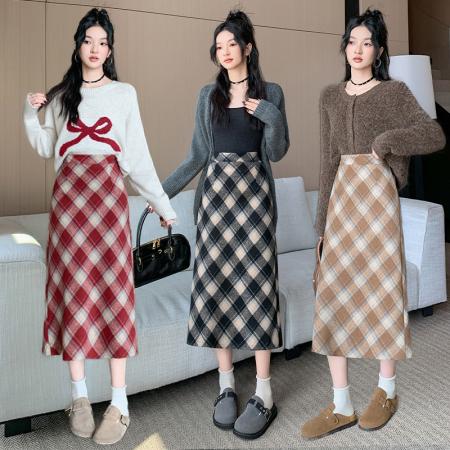 冬季韩版加厚毛呢高腰长裙chi格子中长半身裙女 服裝批發女裝批發服飾貨源