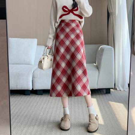 冬季韩版加厚毛呢高腰长裙chi格子中长半身裙女 服裝批發女裝批發服飾貨源