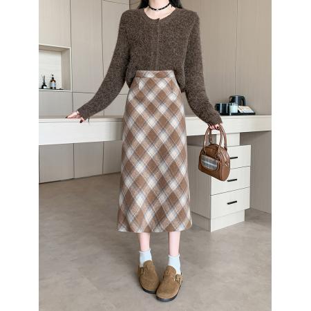 冬季韩版加厚毛呢高腰长裙chi格子中长半身裙女 服裝批發女裝批發服飾貨源