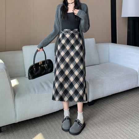 冬季韩版加厚毛呢高腰长裙chi格子中长半身裙女 服裝批發女裝批發服飾貨源