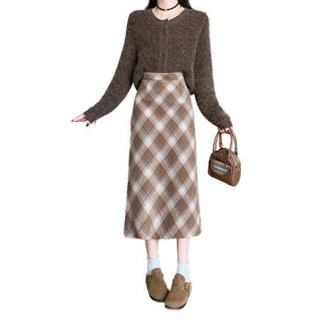 冬季韩版加厚毛呢高腰长裙chi格子中长半身裙女 服裝批發女裝批發服飾貨源