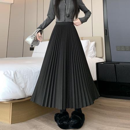 韩版冬季松紧高腰纯色黑色百褶裙显瘦垂感百搭a字中长裙 服裝批發女裝批發服飾貨源