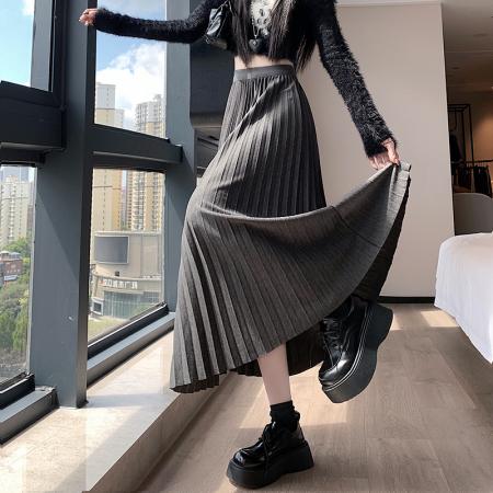 韩版冬季松紧高腰纯色黑色百褶裙显瘦垂感百搭a字中长裙 服裝批發女裝批發服飾貨源