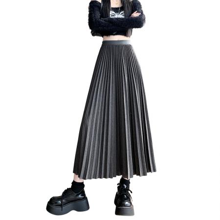 韩版冬季松紧高腰纯色黑色百褶裙显瘦垂感百搭a字中长裙 服裝批發女裝批發服飾貨源