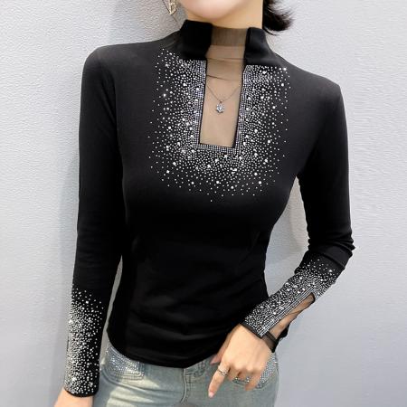 秋冬季新款镂空洋气重工艺烫钻上衣女长袖百搭打底衫潮款 服裝批發女裝批發服飾貨源