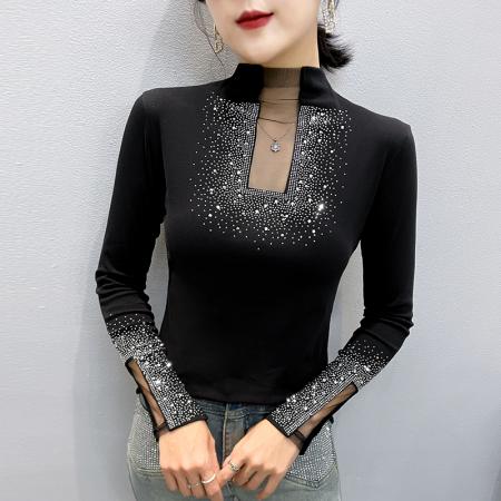 FA50421# 秋冬季新款镂空洋气重工艺烫钻上衣女长袖百搭打底衫潮款 服裝批發女裝批發服飾貨源