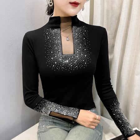 FA50421# 秋冬季新款镂空洋气重工艺烫钻上衣女长袖百搭打底衫潮款 服裝批發女裝批發服飾貨源