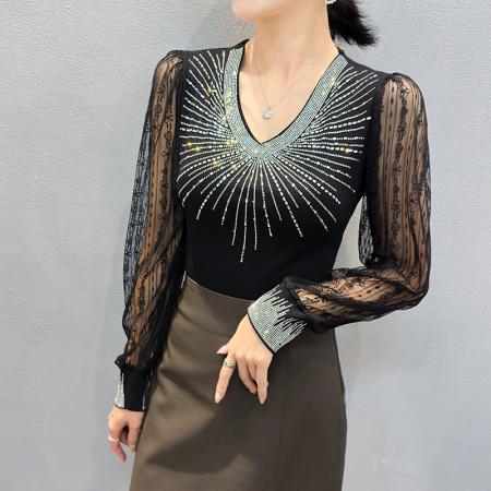 FA50422# 新款重工艺烫钻上衣搭配蕾丝镂空女长袖百搭打底衫潮 服裝批發女裝批發服飾貨源