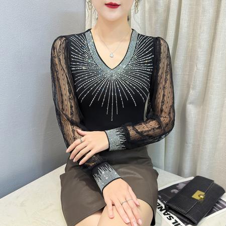 FA50422# 新款重工艺烫钻上衣搭配蕾丝镂空女长袖百搭打底衫潮 服裝批發女裝批發服飾貨源