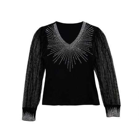 FA50422# 新款重工艺烫钻上衣搭配蕾丝镂空女长袖百搭打底衫潮 服裝批發女裝批發服飾貨源