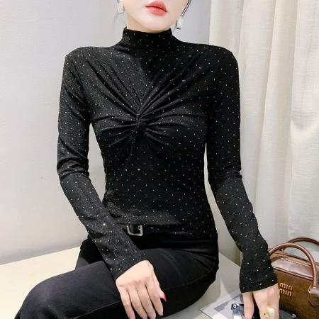 秋冬新款名媛风半高领长袖褶皱时尚镶钻韩丝t恤女修身打底衫 服裝批發女裝批發服飾貨源