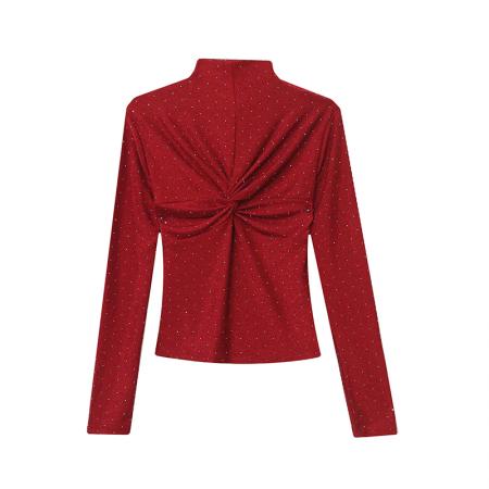 FA50423# 秋冬新款名媛风半高领长袖褶皱时尚镶钻韩丝t恤女修身打底衫 服裝批發女裝批發服飾貨源