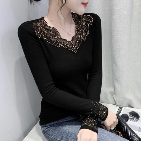 秋冬新款V领蕾丝双面奥绒镂空重工艺烫钻打底衫长袖女 服裝批發女裝批發服飾貨源