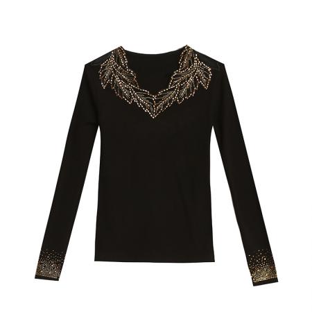 FA50424# 秋冬新款V领蕾丝双面奥绒镂空重工艺烫钻打底衫长袖女 服裝批發女裝批發服飾貨源