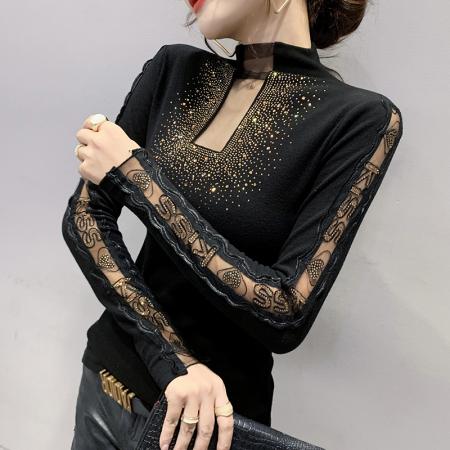 秋冬新款双面奥绒高领镂空重工艺烫钻百搭打底衫长袖女 服裝批發女裝批發服飾貨源