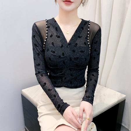 FA50426# 秋季新款性感v领植绒印花修身显瘦百搭长袖时尚百搭打底衫T恤 服裝批發女裝批發服飾貨源