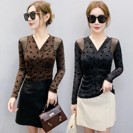 FA50426# 秋季新款性感v领植绒印花修身显瘦百搭长袖时尚百搭打底衫T恤 服裝批發女裝批發服飾貨源