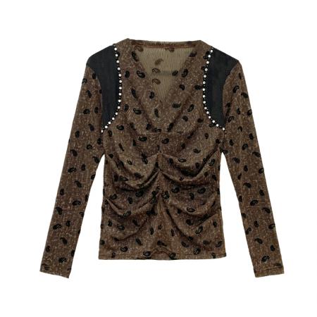 FA50426# 秋季新款性感v领植绒印花修身显瘦百搭长袖时尚百搭打底衫T恤 服裝批發女裝批發服飾貨源