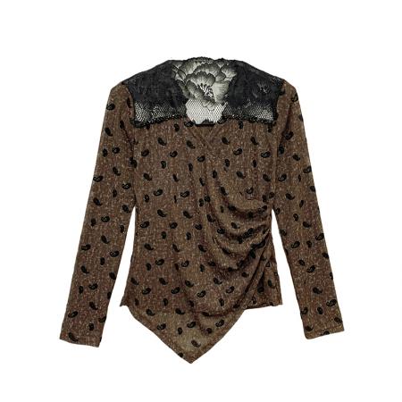 FA50427# 新款V领蕾丝镂空订珠长袖网纱扎染植绒不规则t恤女时尚修身打底衫 服裝批發女裝批發服飾貨源