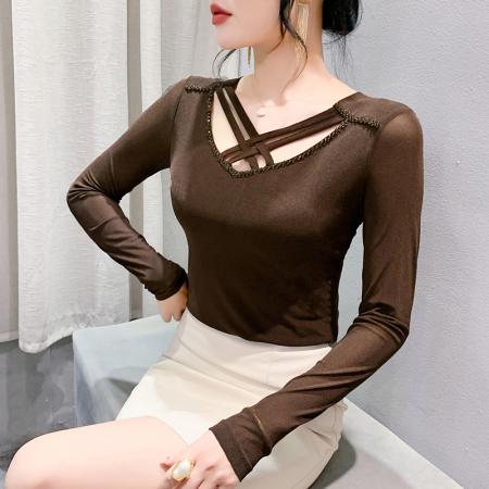 FA50429# 秋季新款长袖镂空网纱手工钉珠时尚气质上衣女百搭打底衫 服裝批發女裝批發服飾貨源