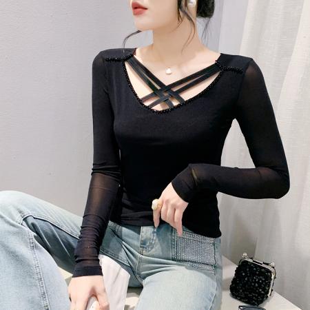 FA50429# 秋季新款长袖镂空网纱手工钉珠时尚气质上衣女百搭打底衫 服裝批發女裝批發服飾貨源