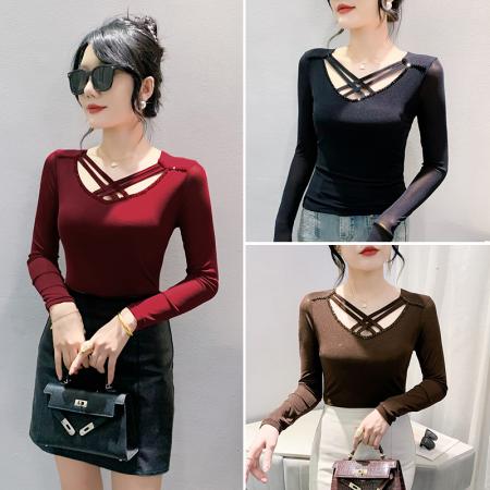 FA50429# 秋季新款长袖镂空网纱手工钉珠时尚气质上衣女百搭打底衫 服裝批發女裝批發服飾貨源