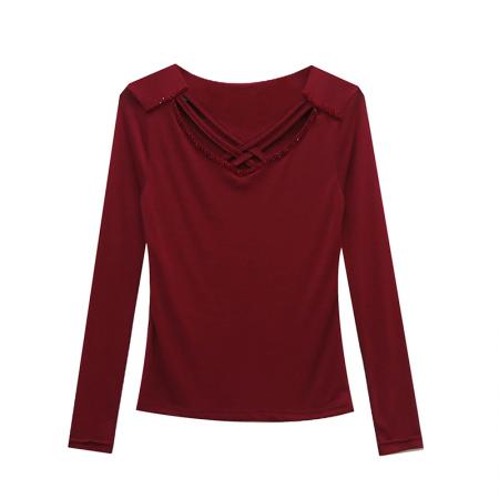 FA50429# 秋季新款长袖镂空网纱手工钉珠时尚气质上衣女百搭打底衫 服裝批發女裝批發服飾貨源