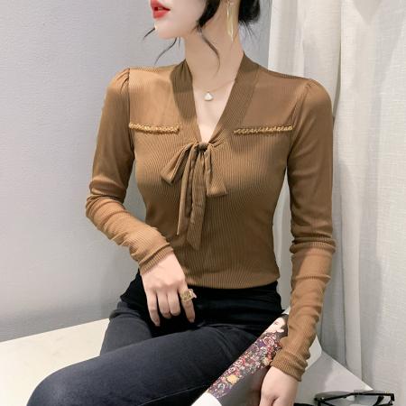 秋季新款韩版蝴蝶结手工订珠网纱长袖T恤女百搭修身显瘦打底衫 服裝批發女裝批發服飾貨源